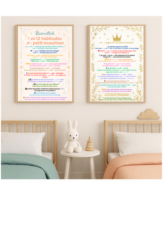 Pack enfant  2 affiches à imprimer : 12 habitudes + 12 règles d’or
